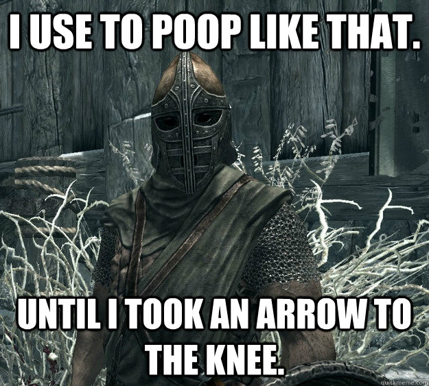 I use to poop like that. Until I took an arrow to the knee. - I use to poop like that. Until I took an arrow to the knee.  Skyrim Guard