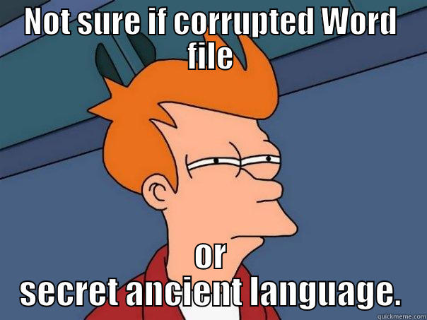 NOT SURE IF CORRUPTED WORD FILE OR SECRET ANCIENT LANGUAGE. Futurama Fry