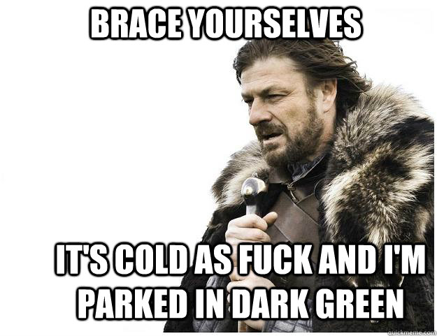 Brace yourselves It's cold as fuck and I'm parked in dark green  Imminent Ned