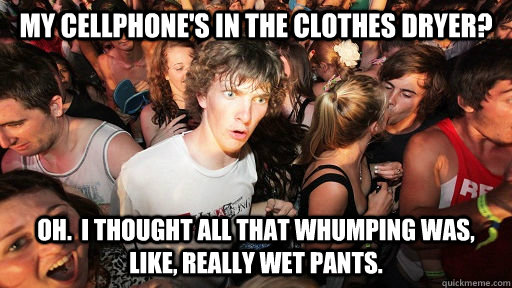 My cellphone's in the clothes dryer? Oh.  I thought all that whumping was, like, really wet pants. - My cellphone's in the clothes dryer? Oh.  I thought all that whumping was, like, really wet pants.  Sudden Clarity Clarence