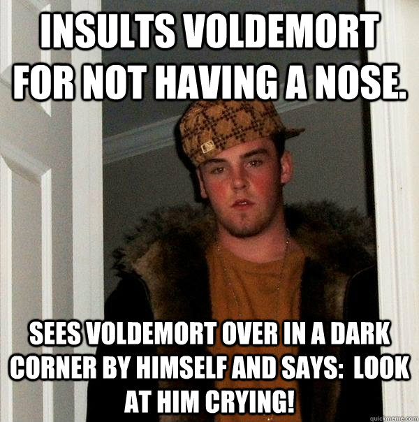 Insults Voldemort for not having a Nose. Sees Voldemort over in a dark corner by himself and says:  Look at him crying!   Scumbag Steve