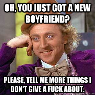 Oh, you just got a new boyfriend? Please, tell me more things I don't give a fuck about. - Oh, you just got a new boyfriend? Please, tell me more things I don't give a fuck about.  Condescending Wonka