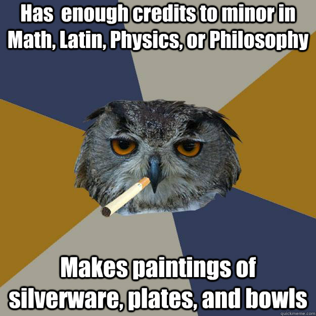 Has  enough credits to minor in Math, Latin, Physics, or Philosophy Makes paintings of silverware, plates, and bowls - Has  enough credits to minor in Math, Latin, Physics, or Philosophy Makes paintings of silverware, plates, and bowls  Art Student Owl