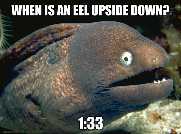 When is an eel upside down? 1:33  Bad Joke Eel