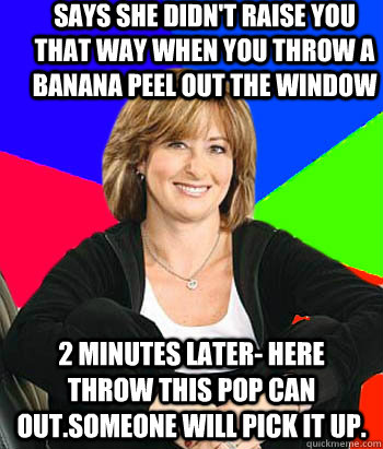 says she didn't raise you that way when you throw a banana peel out the window 2 minutes later- here throw this pop can out.someone will pick it up.  Sheltering Suburban Mom