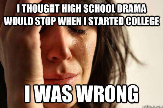 I thought high school drama would stop when I started college I was wrong  First World Problems