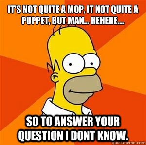 It's not quite a mop, it not quite a puppet, but man... Hehehe.... So to answer your question I dont know.  Advice Homer