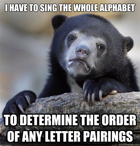 I have to sing the whole alphabet To determine the order of any letter pairings - I have to sing the whole alphabet To determine the order of any letter pairings  Confession Bear