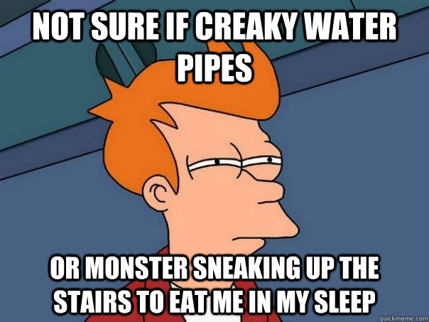 Not sure if creaky water pipes Or monster sneaking up the stairs to eat me in my sleep  Futurama Fry