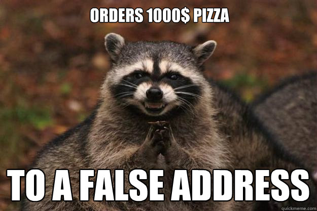 orders 1000$ pizza to a false address  Evil Plotting Raccoon