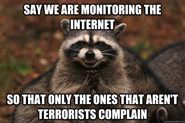 say we are monitoring the internet so that only the ones that aren't terrorists complain  Evil Plotting Raccoon