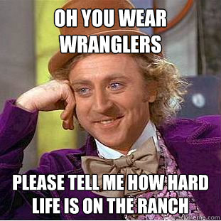 Oh you wear Wranglers Please tell me how hard life is on the ranch  Condescending Wonka