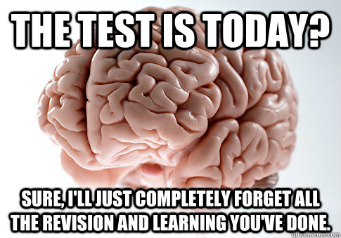 THE TEST IS TODAY? SURE, I'LL JUST COMPLETELY FORGET ALL THE REVISION AND LEARNING YOU'VE DONE.  Scumbag Brain