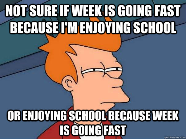 Not sure if week is going fast because i'm enjoying school or enjoying school because week is going fast  Futurama Fry