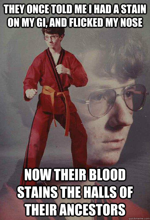 They once told me i had a stain on my gi, and flicked my nose Now their blood stains the halls of their ancestors  Karate Kyle