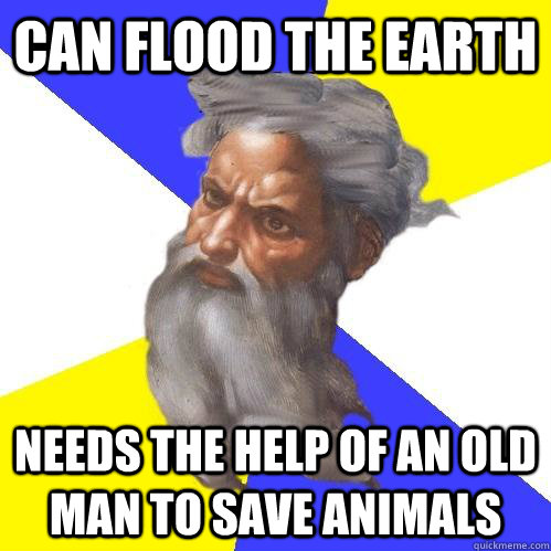 Can flood the earth Needs the help of an old man to save animals  Advice God