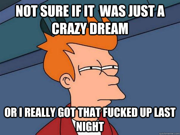 Not sure if it  was just a  crazy dream Or I really got that fucked up last night - Not sure if it  was just a  crazy dream Or I really got that fucked up last night  Futurama Fry