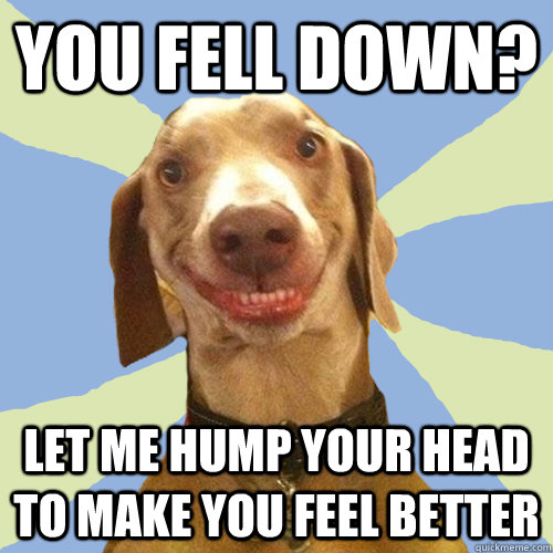 You fell down? Let me hump your head to make you feel better  Disgusting Doggy