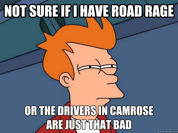 Not sure if I have Road rage  or the drivers in camrose 
are just that bad  Futurama Fry