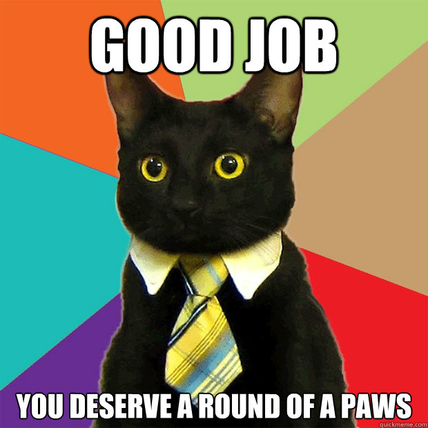 good job you deserve a round of a paws  Business Cat