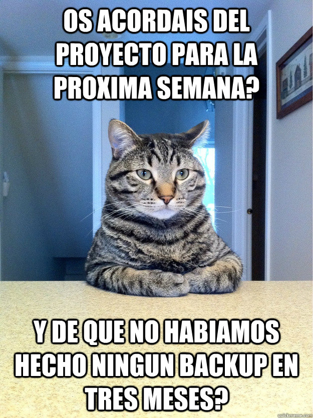 Os acordais del proyecto para la proxima semana? Y de que no habiamos hecho ningun backup en tres meses?  Chris Hansen Cat