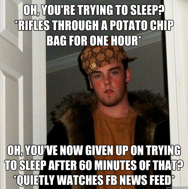 Oh, You're trying to sleep? 
*Rifles through a potato chip bag for one hour* Oh, you've now given up on trying to sleep after 60 minutes of that?
*Quietly watches FB news feed*  Scumbag Steve