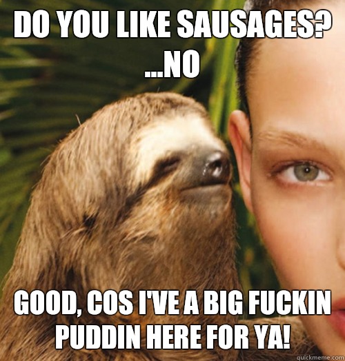 Do you like sausages?
   ...No Good, cos I've a big fuckin puddin here for ya!  Whispering Sloth