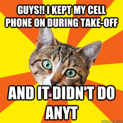 Guys!! I kept my cell phone on during take-off and it didn't do anyt  Bad Advice Cat