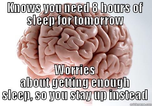 No sleep for the over thinkers - KNOWS YOU NEED 8 HOURS OF SLEEP FOR TOMORROW WORRIES ABOUT GETTING ENOUGH SLEEP, SO YOU STAY UP INSTEAD Scumbag Brain