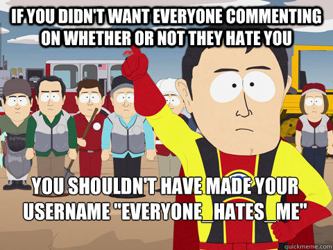 If you didn't want everyone commenting on whether or not they hate you you shouldn't have made your username 