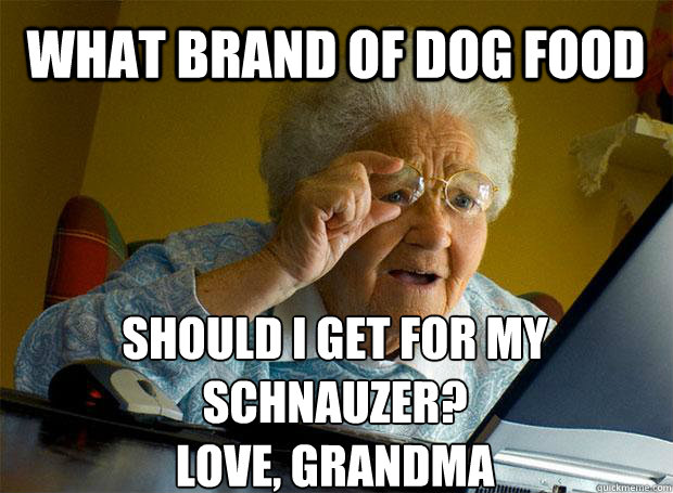 WHAT BRAND OF DOG FOOD SHOULD I GET FOR MY SCHNAUZER?
LOVE, GRANDMA    Grandma finds the Internet