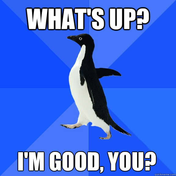 what's up? i'm good, you?  Socially Awkward Penguin