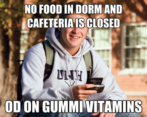 No food in dorm and cafeteria is closed OD on gummi vitamins  College Freshman