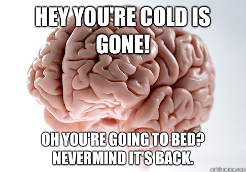 Hey you're cold is gone! Oh you're going to bed? Nevermind it's back.   Scumbag Brain