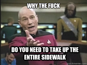 why the fuck do you need to take up the entire sidewalk  Annoyed Picard