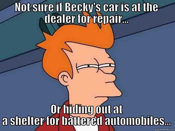 NOT SURE IF BECKY'S CAR IS AT THE DEALER FOR REPAIR... OR HIDING OUT AT A SHELTER FOR BATTERED AUTOMOBILES... Futurama Fry