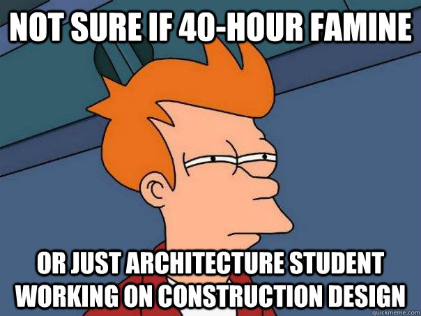 Not sure if 40-hour famine Or just architecture student working on construction design  Futurama Fry