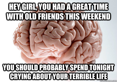 hey girl, you had a great time with old friends this weekend you should probably spend tonight crying about your terrible life  Scumbag Brain