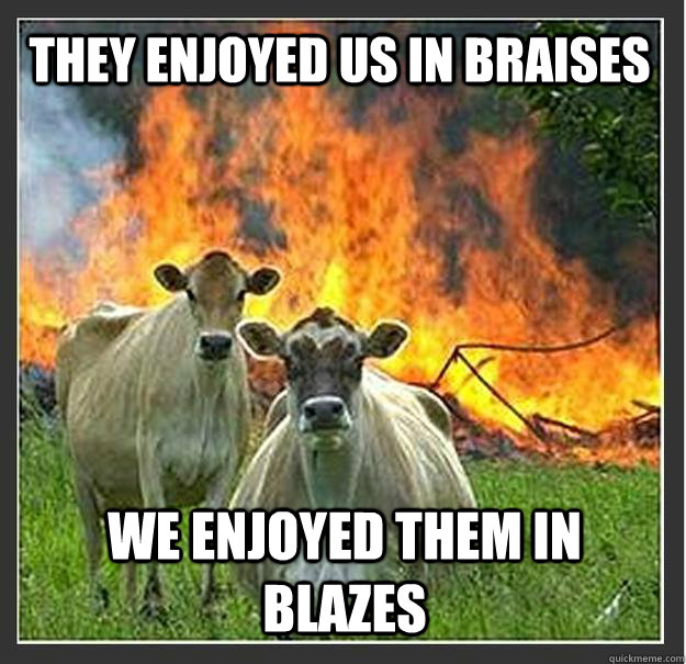 they enjoyed us in braises we enjoyed them in blazes   Evil cows