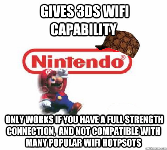  gives 3ds wifi capability  only works if you have a full strength connection,  and not compatible with many popular wifi hotpsots  Scumbag Nintendo