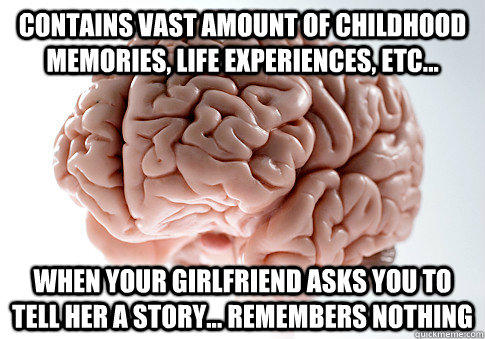 Contains vast amount of childhood memories, life experiences, etc... When your girlfriend asks you to tell her a story... Remembers nothing  