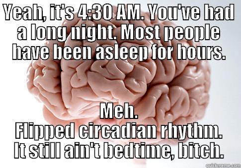 YEAH, IT'S 4:30 AM. YOU'VE HAD A LONG NIGHT. MOST PEOPLE HAVE BEEN ASLEEP FOR HOURS. MEH. FLIPPED CIRCADIAN RHYTHM. IT STILL AIN'T BEDTIME, BITCH. Scumbag Brain