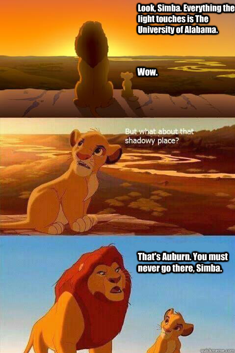 Look, Simba. Everything the light touches is The University of Alabama. Wow. That's Auburn. You must never go there, Simba.   Lion King Shadowy Place