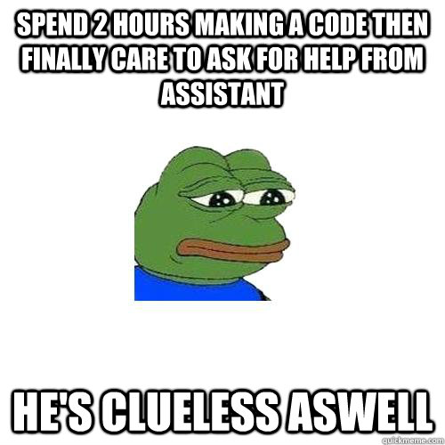 spend 2 hours making a code then finally care to ask for help from assistant  he's clueless aswell  Sad Frog