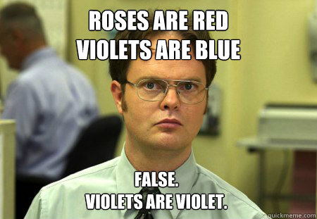 roses are red
violets are blue False. 
violets are violet.  Dwight