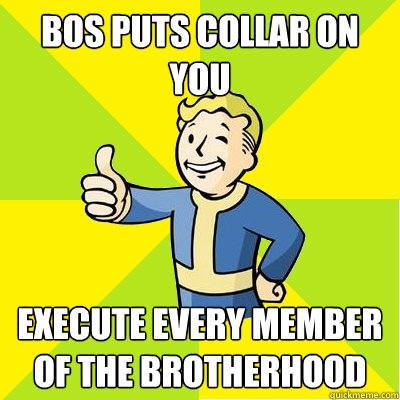 BoS puts collar on you execute every member of the brotherhood - BoS puts collar on you execute every member of the brotherhood  Fallout new vegas