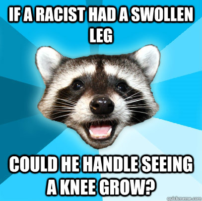 If a racist had a swollen leg could he handle seeing a knee grow? - If a racist had a swollen leg could he handle seeing a knee grow?  Lame Pun Coon