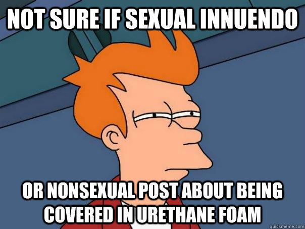 Not sure if sexual innuendo Or nonsexual post about being covered in urethane foam  Futurama Fry