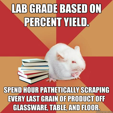 Lab grade based on percent yield. spend hour Pathetically scraping every last grain of product off glassware, table, and floor.  Science Major Mouse