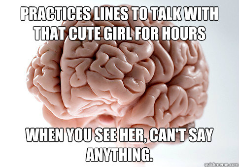 practices lines to talk with that cute girl for hours when you see her, can't say anything.  Scumbag Brain